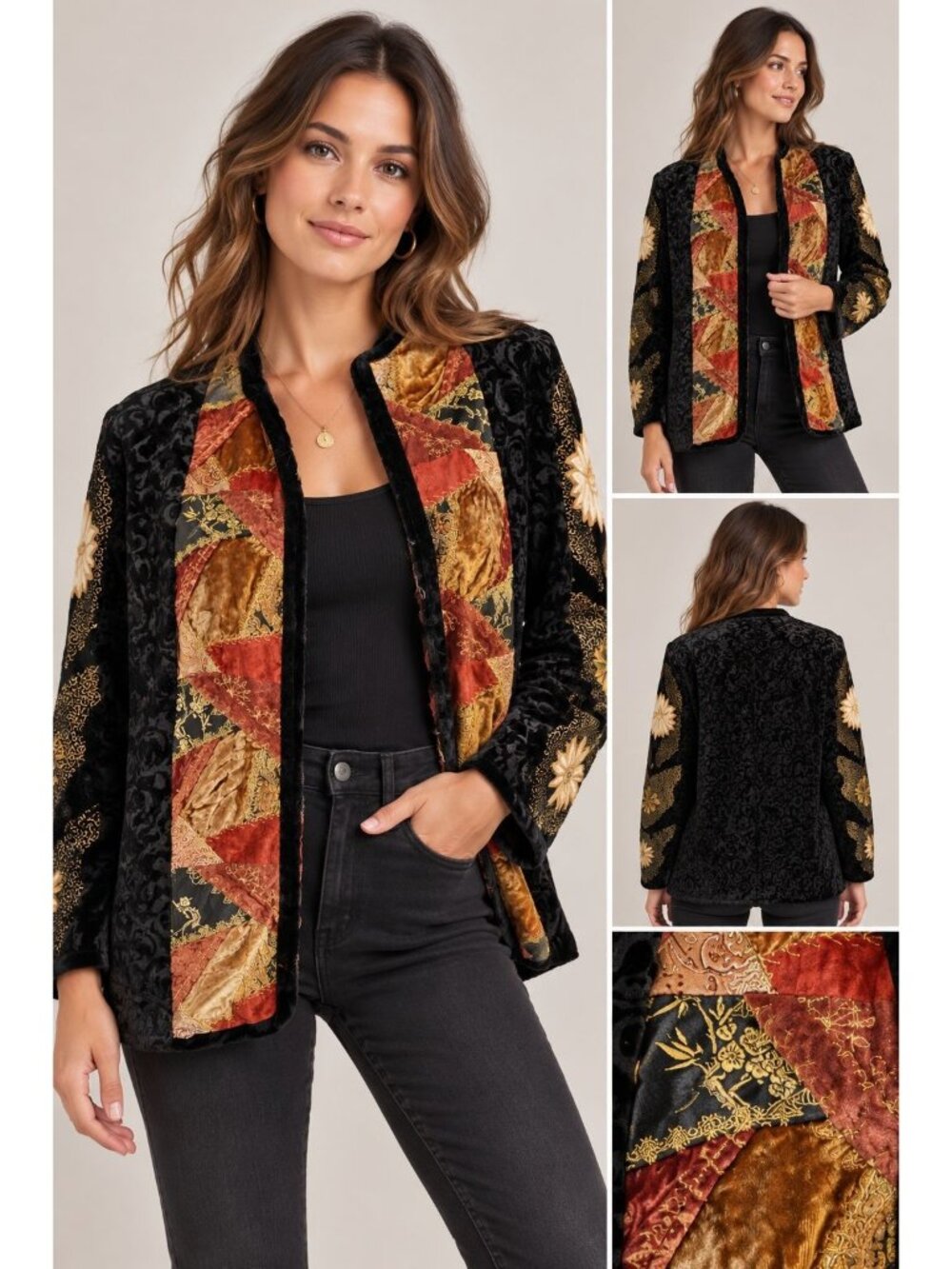 vintage patchwork open-front jacket black patterned velvet side panels Size S